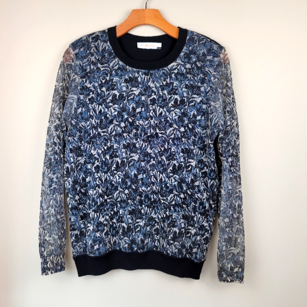 Tory Burch 100% Merino Wool  Metallic Floral Front Sweater